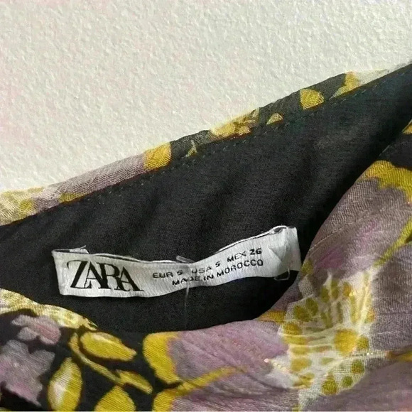 Zara ruched  one shoulder mini floral Black Gold Short Party Dress size S - Picture 9 of 9